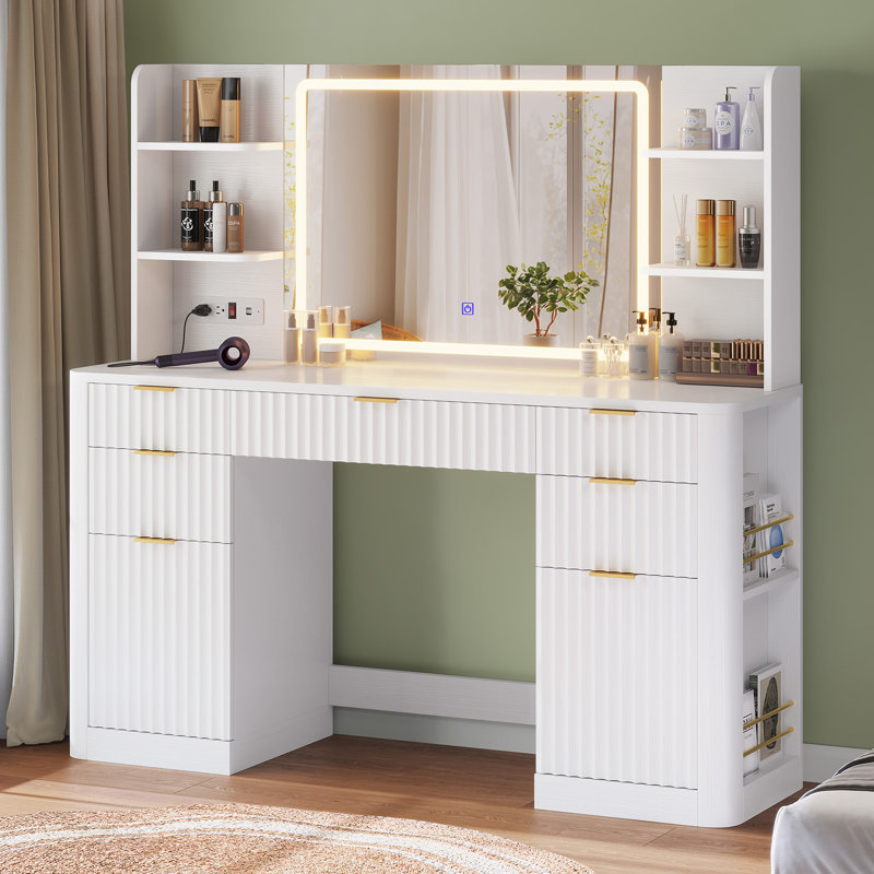 Fluted Makeup Vanity Desk With Large Mirror And Lights, Vanity With Power Strip, 6 Open Shelves, 2 Cabinets,5 Drawer, Modern Dressing Table For Bedroom