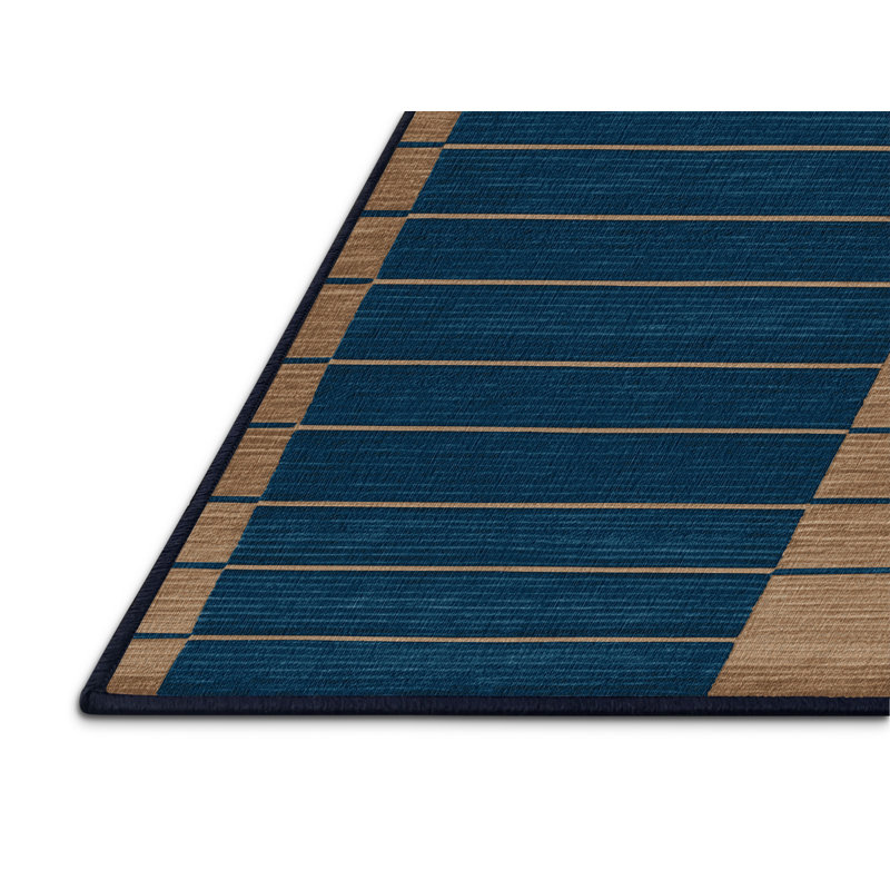 Machine Washable Horizontal Stripes Blue Area Rug, Round 5'