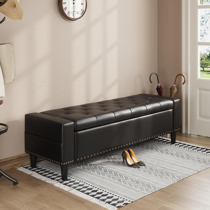 60" Faux Leather Storage Ottoman Bench, Black