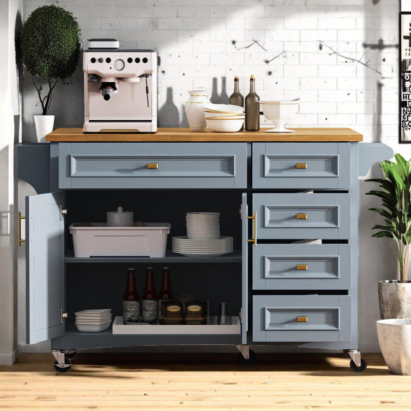 Îlot de cuisine de 52 po avec abattant sur roulettes avec porte-épices et porte-serviettes, Bleu gris