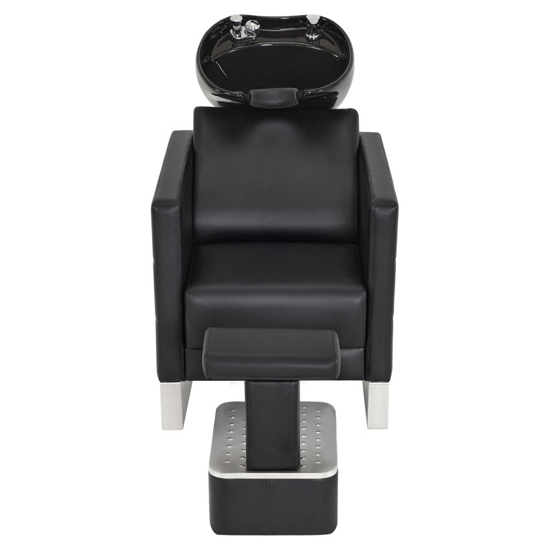 Backwash Shampoo Ceramic Bowl and Chair Set for Salon and Hair Stylist, Adjustable Shampoo Station, Black Faux Leather