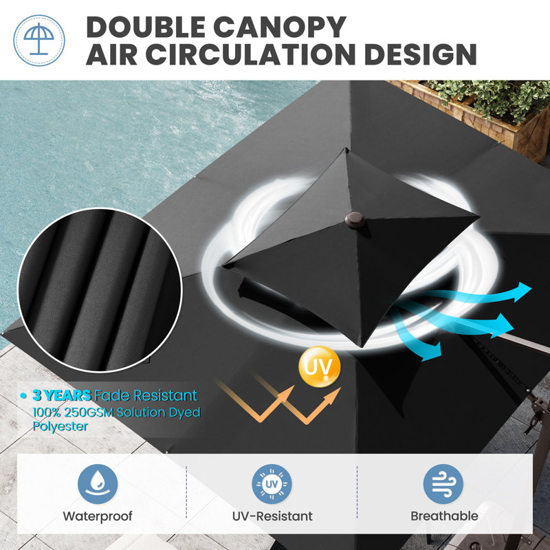 Parasol double déporté de 3,35 m x 2,74 m, base incluse, Noir, noir, noir, noir