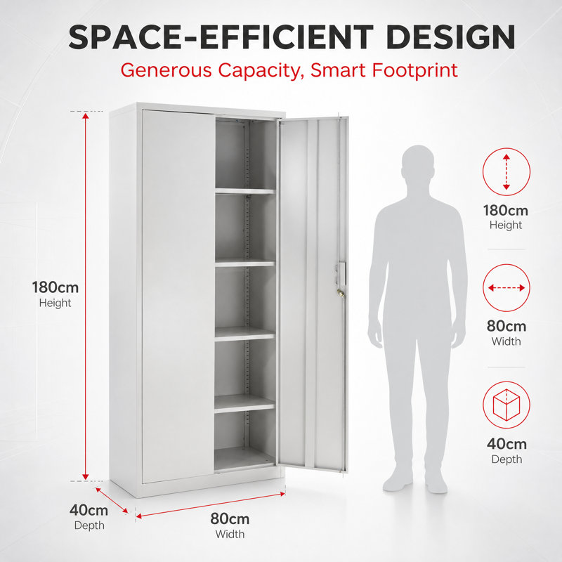 Metal 2 Door 4 -Shelf Storage Cabinet, Grey - 80cm(w) x 40cm(d) x 180cm(h)