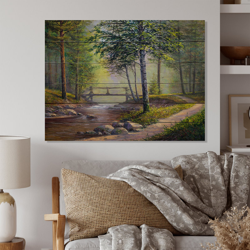 Paysage d'été d'une rivière Forest III - peinture sur bois sans cadre, H 8 po x l 12 po x P 1 po