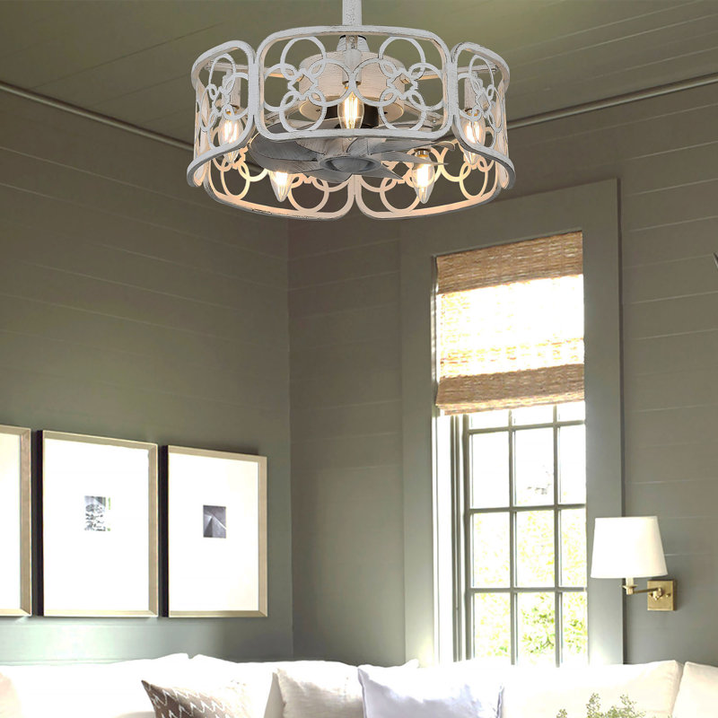 Anaisa 18" Distressed White Farmhouse Caged Ceiling Fan with Light and Remote, Reversible Fandelier Ceiling Fan