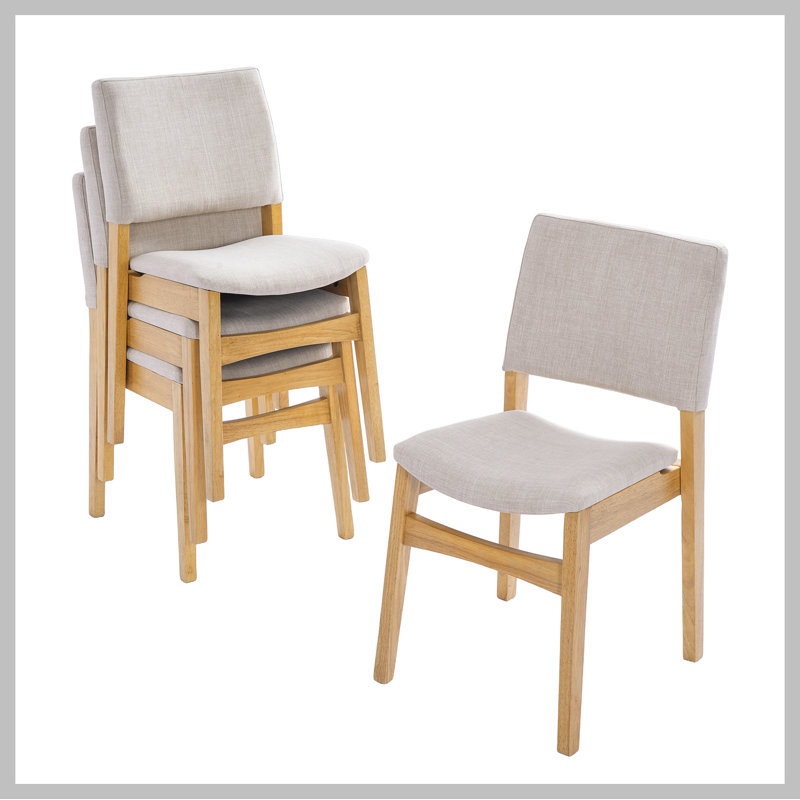 Upholstered Stackable Dining Chairs Set of 2 - Linen Fabric Seat & Backrest, Solid Wood Frame, Rustic Kitchen Chairs for Dining Room, Living Room, Natural