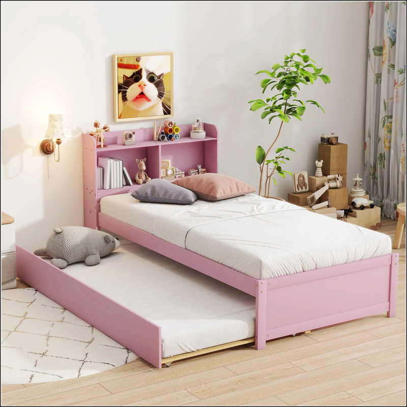 Lit simple avec lit gigogne et bibliothèque, lit plateforme, rose