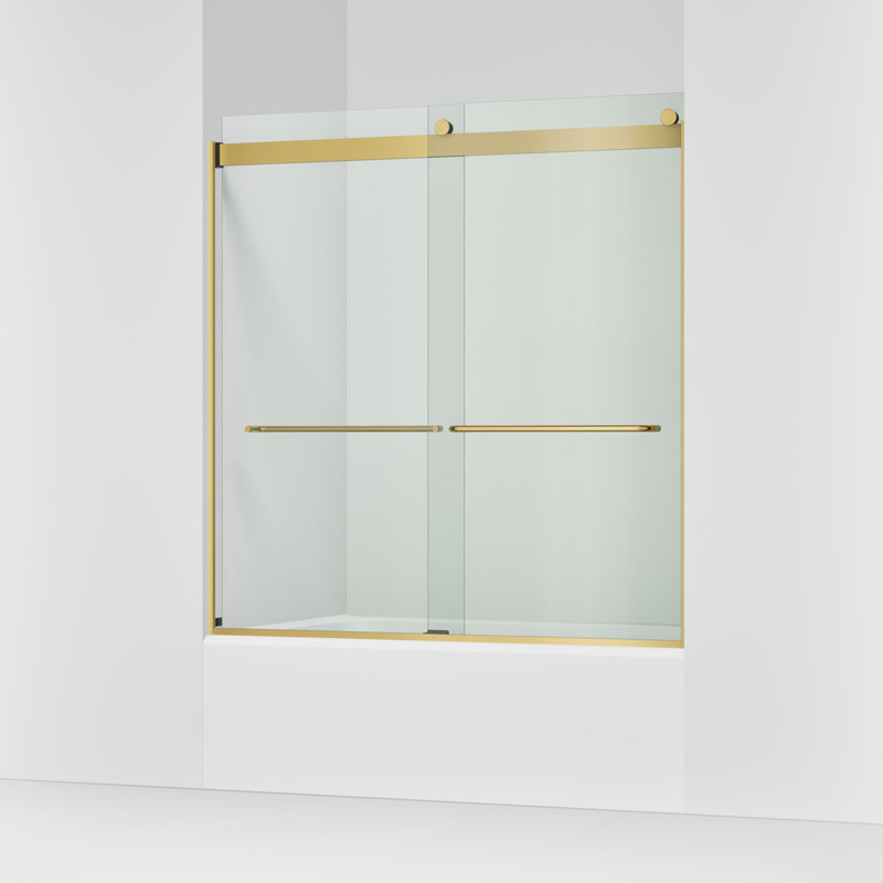 Levity 59.63" x 62" Bypass Bath Door with CleanCoat® Technology, Moderne Brass, Clear