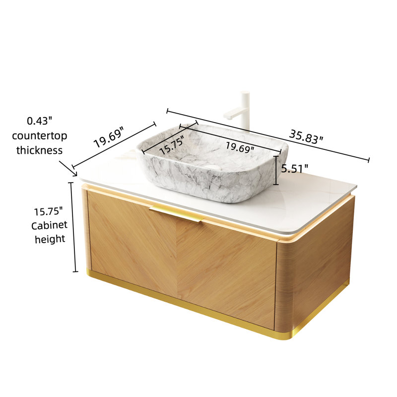 Meuble-lavabo de 36 po avec contreplaqué multicouche, poignées dorées, système de fermeture en douceur et plateau en pierre frittée à haute dureté, vasque en marbre blanc pré-assemblée