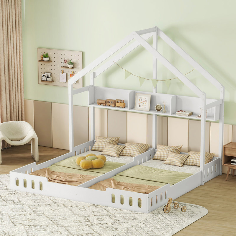 Lit plateforme en bois pour lit simple, deux lits partagés avec tablettes et garde-corps