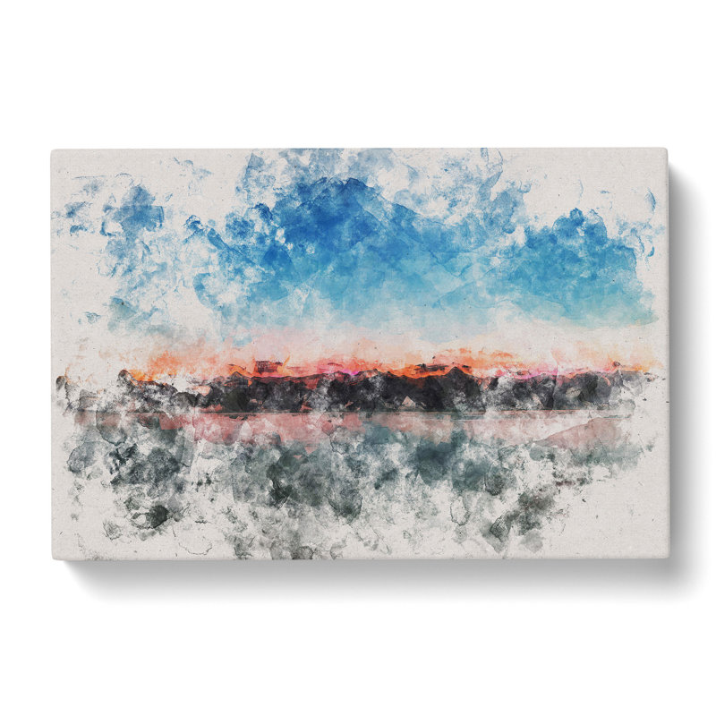 Fuchsia Sky Above The Mountains Watercolour - Wrapped Canvas Print, 60cm H x 91cm W x 3cm D