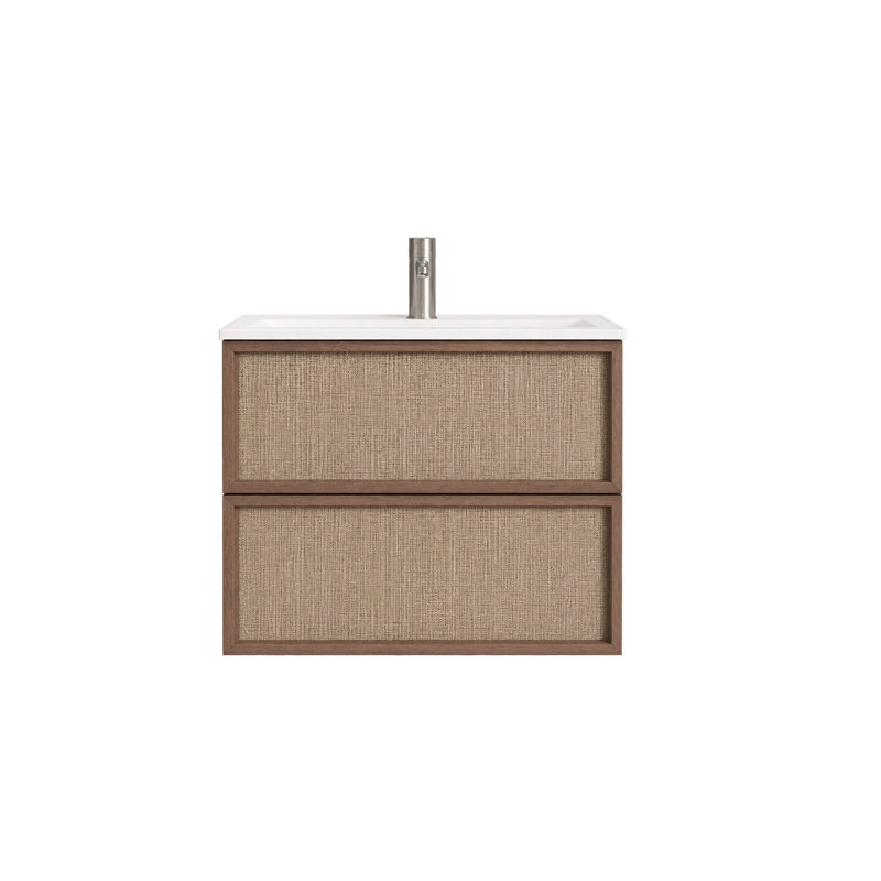 Meuble-lavabo mural de 59 cm (23,2 po) avec comptoir en céramique, fini noyer foncé et façade de tiroir en rotin