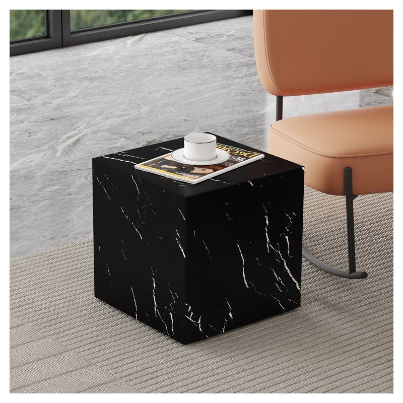 Luxury Black Marble Cube End Table - Modern Faux Stone Side Table for Living Room