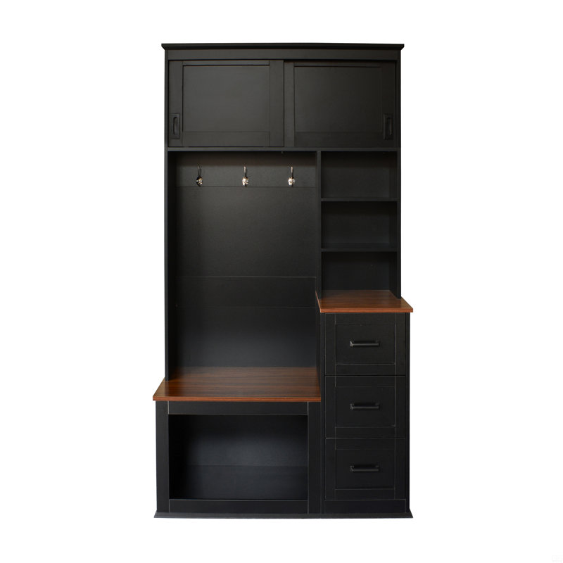 Entryway Bench With Coat Rack, 3 Shelves And Drawers, 3 Sturdy Hooks, 40.2'' Wide Hall Tree With Storage Bench, Black