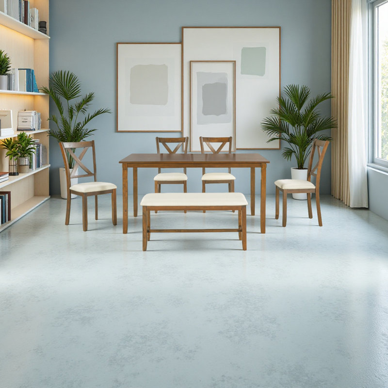 Ensemble de 6 tables de salle à manger en bois, 4 chaises en tissu et un banc
