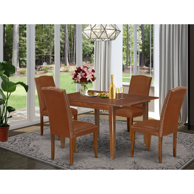 5 Piece Kitchen Table Set for 4 Includes a Rectangle Dining Table with Butterfly Leaf and 4 Brown Faux Leather Parson Chairs, Mahogany