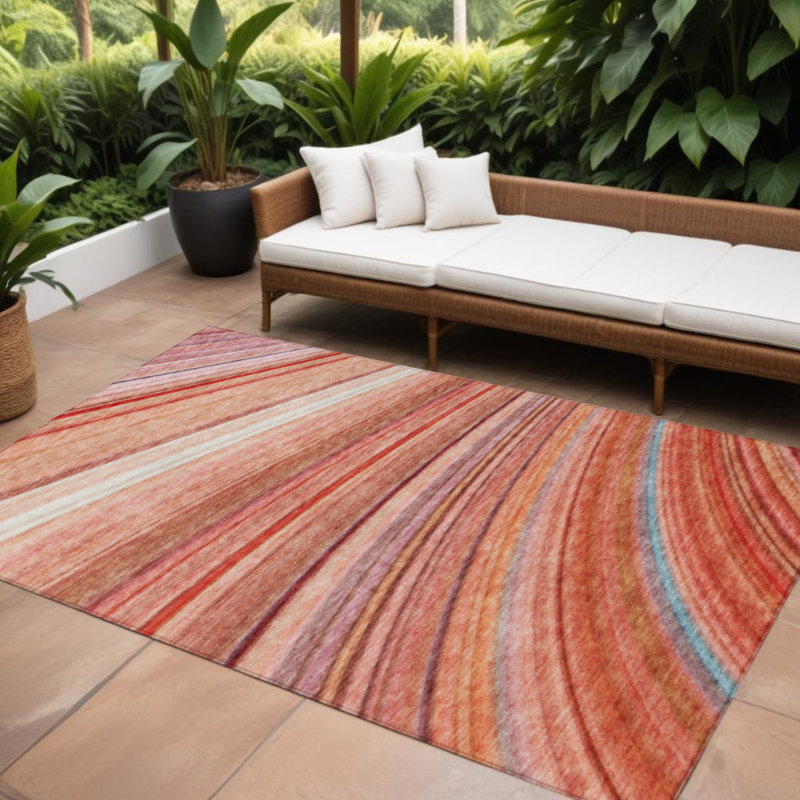 Tapis extérieur lavable rayé en terre cuite 10 pi x 14 pi orange et saumon