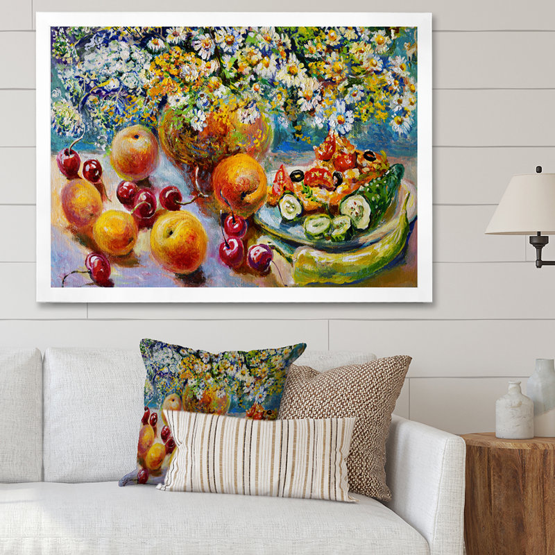 Peinture de fruits et de fleurs, nature morte, H 34 po x l 44 po x P 1,5 po, Cadre photo blanc