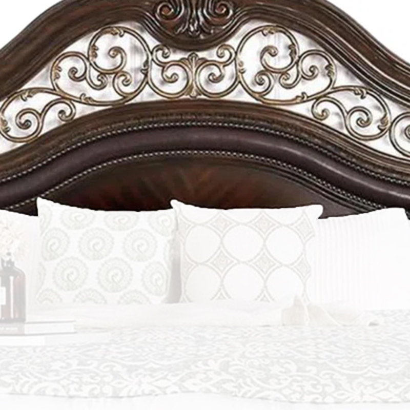 Ensemble de chambre à coucher grand lit en cerisier brun et bois doré - Ensemble de 3 pièces avec 2 tables de chevet