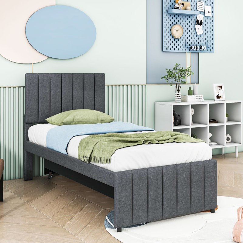 Lit plateforme tapissier avec lit gigogne et tiroirs de rangement, Simple, gris