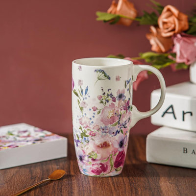 Tasse à café en céramique, tasse de voyage avec couvercle, grande tasse en porcelaine avec poignée pour la maison et le bureau, tasse à motif floral dans une boîte cadeau