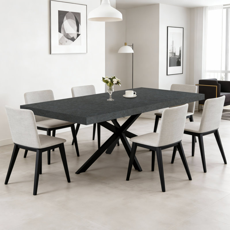 Table de salle à manger extensible 140-180 cm - Rangement dissimulé, pattes en métal en forme de X, finition lave noire, pour 4 à 8 personnes, idéale pour la cuisine, le salon et la salle à manger.