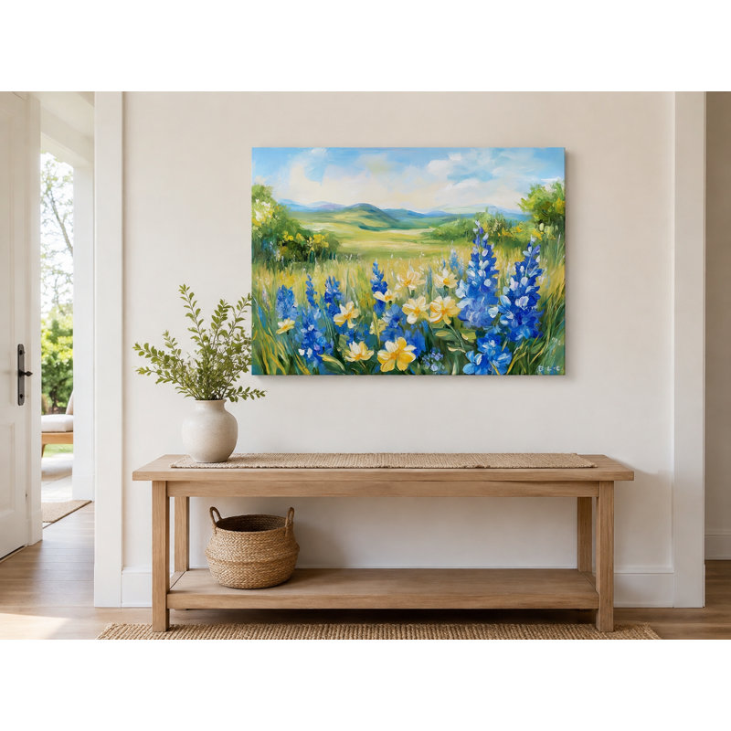 «Blue and Yellow Wildflowers in Sunny Meadow», art mural sur toile tendue, H 30 po x l 40 po
