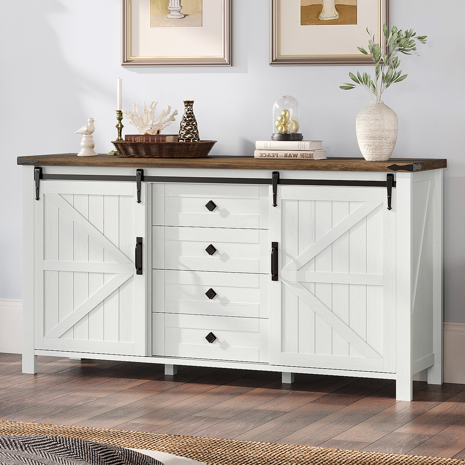 60" Farmhouse Sideboard with Sliding Barn Doors & 4 Drawers