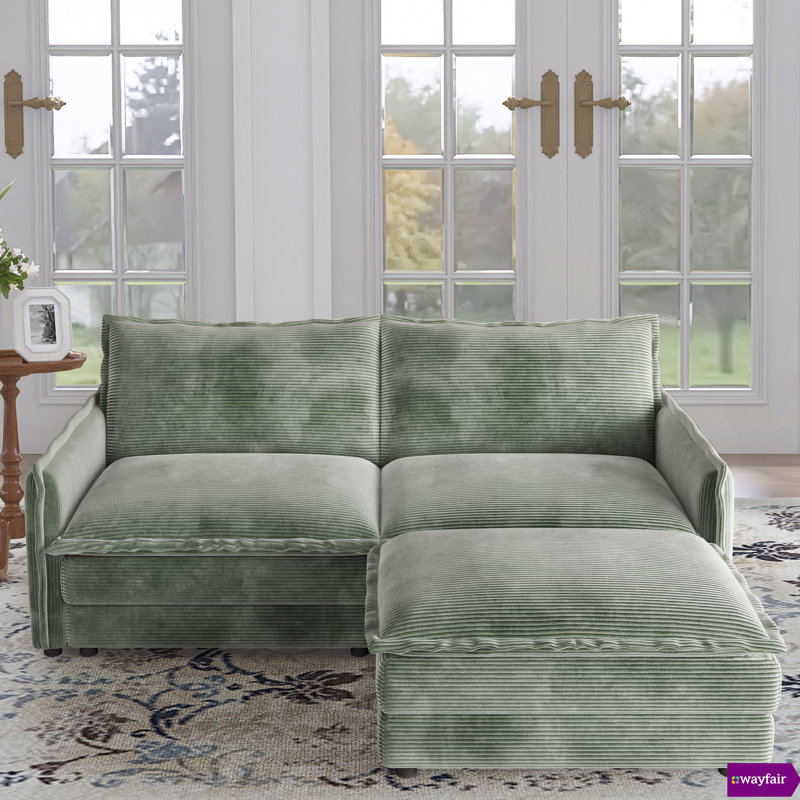  Shugar  75"W Stylish Corduroy Modular Sectional With One Ottoman, Green Conduroy