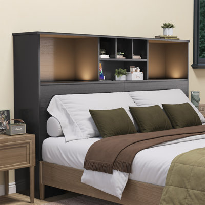 Modern Wood Bookcase Headboard with LED Lighting & Charging Station — Space-Saving Design for Queen & King Beds