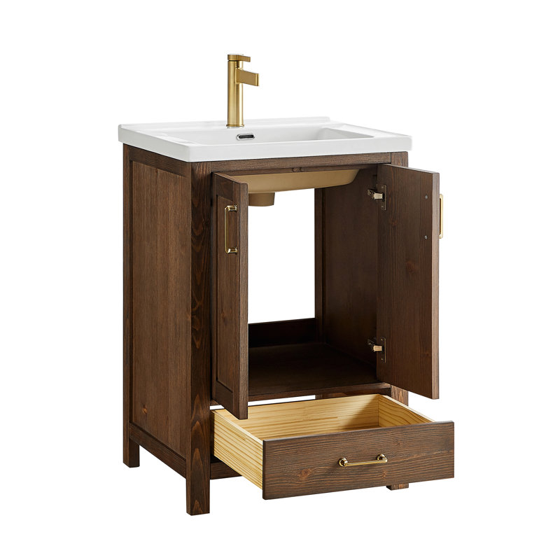 Meuble-lavabo Gela 23,6 po à lavabo simple, couleur brun vieilli épicéa, avec lavabo encastré en céramique blanche.