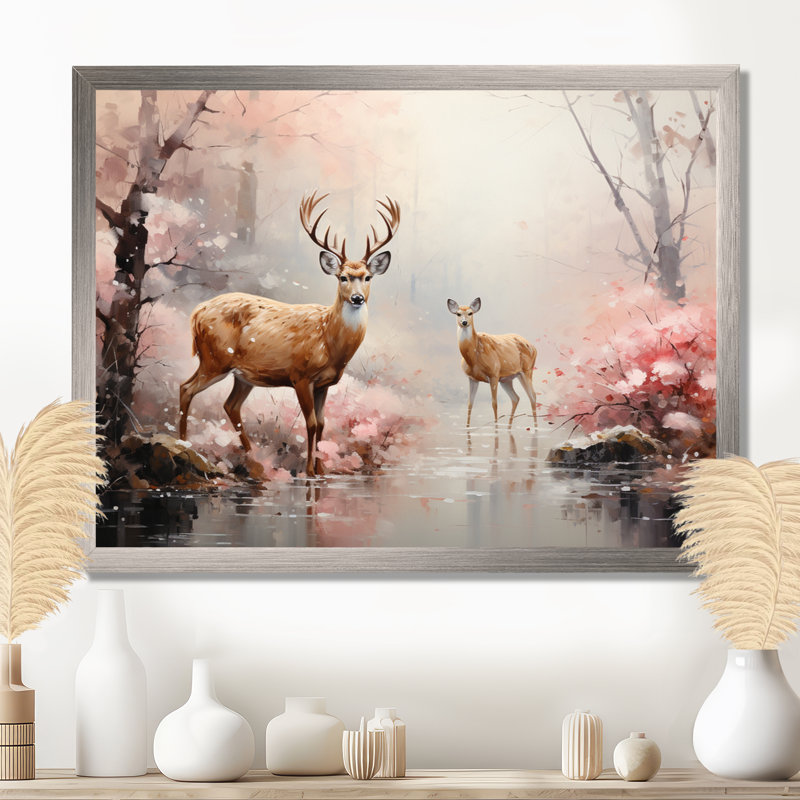«Pink Deer Gentle Wilderness I», reproduction d'art sur toile, H 30 po x l 40 po x P 1,5 po, Cadre flottant blanc