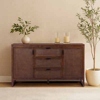 Ameer Modern Boho Solid Wood Sideboard Storage Cabinet with 3 Rattan Drawers & 2 Doors, Adjustable Shelves