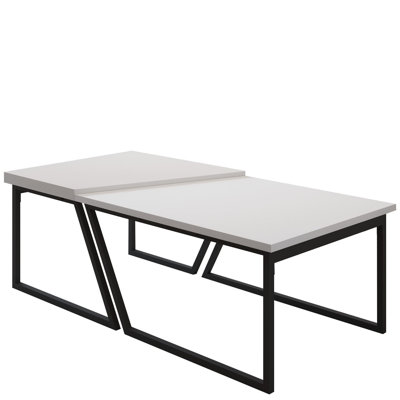Modern Coffee Table Set (2 Pieces), White, 47.2 x 23.6 x 15.2 inches & 31.5 x 23.6 x 15.9 inches | 100% Melamine Coated Particle Board, Thickness: 0.7 inches | Stylish Black Metal Legs, Perfect for Contemporary Living Rooms