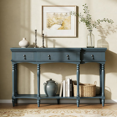 Console Traditional Traditional avec 3 tiroirs à fermeture en douceur et tablette inférieure, structure en bois massif, pieds romains tournés, poignées en cuivre rétro, bleu