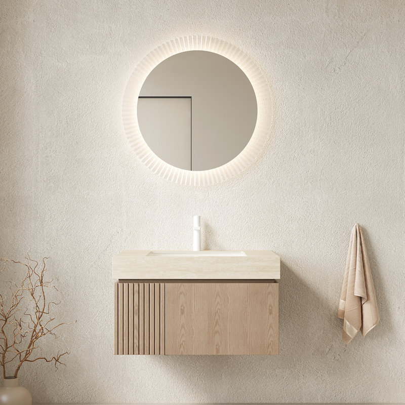 Meuble-lavabo de salle de bain de 76 cm (30 po), armoire flottante en contreplaqué, pierre frittée, lavabo en céramique, trou pré-percé pour robinet, amortisseur de fermeture douce, poids de 37,5 kg (82,73 lb), largeur du meuble-lavabo de 47,5 cm (18,71 po) avec dessus en pierre, tiroir, porte.