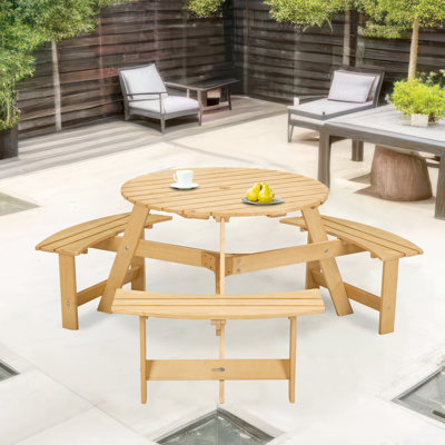 Table de pique-nique d'extérieur pour 6 personnes avec bancs intégrés - bois naturel, trou de parasol, jardin et terrasse pour l'extérieur, 3 trous. Jardin imperméable, cour arrière, porche