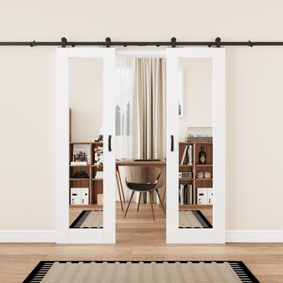 Pas de panneau d'assemblage requis, double porte pleine grandeur à portes coulissantes à miroir en bois massif avec apprêt blanc