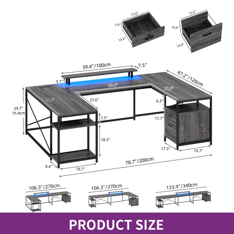 Bureau en U avec prises de courant et lumières DEL, bureau d'ordinateur de coin réversible avec tiroirs et support pour écran