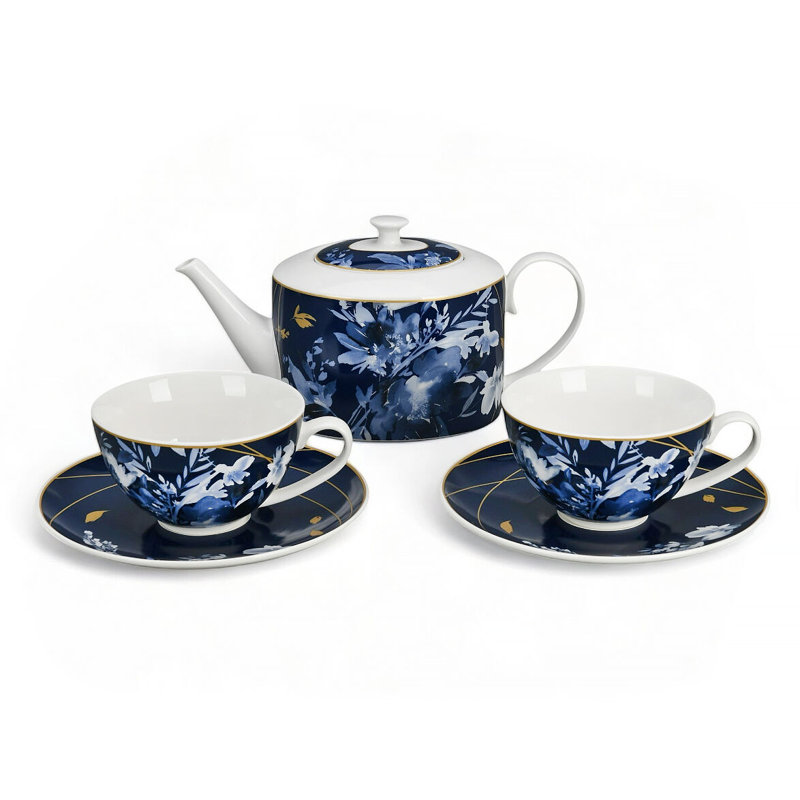 Day and Night Ceramic Set of Teapot and 2 teacups with saucers