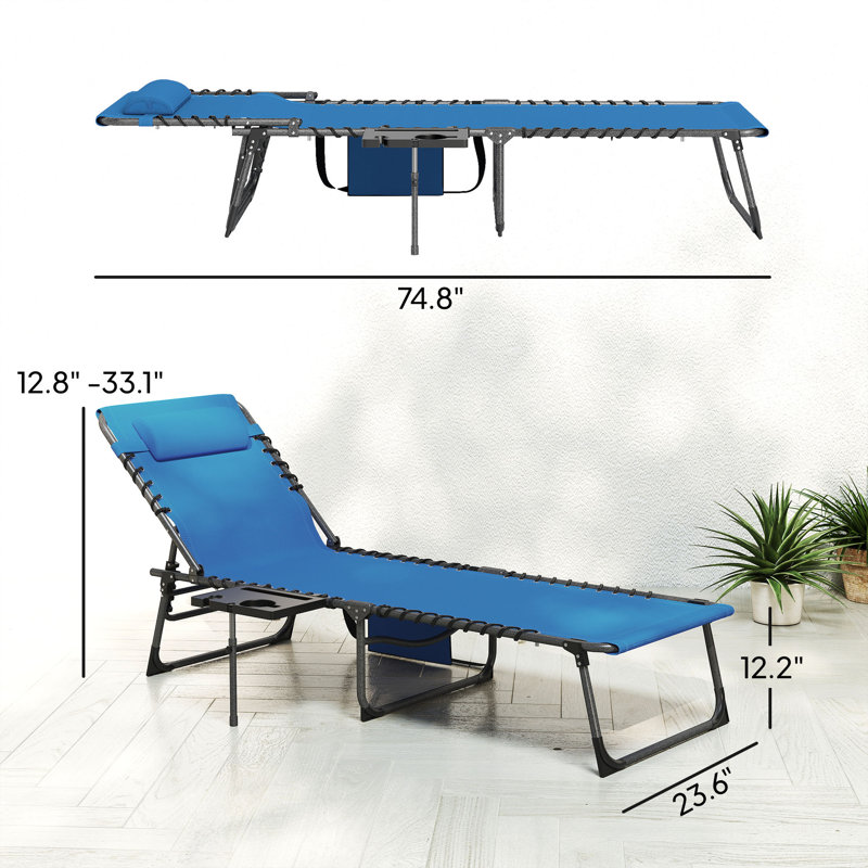 Folding Outdoor Chaise Lounge Chair Tanning Chair With 5-Level Adjustable Back, Side Table, Pillow, Pocket, Blue, Blue, 1