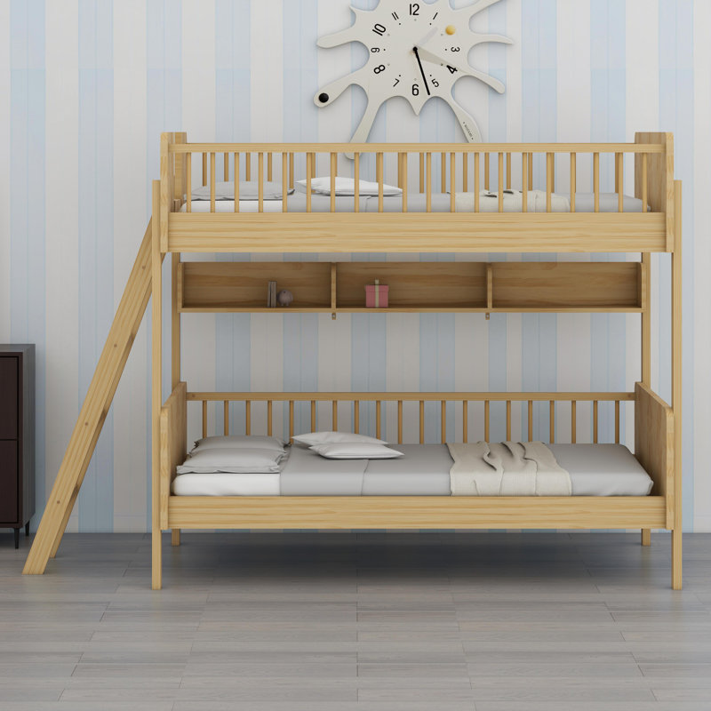 Lit superposé en bois avec tablettes de rangement, Naturel