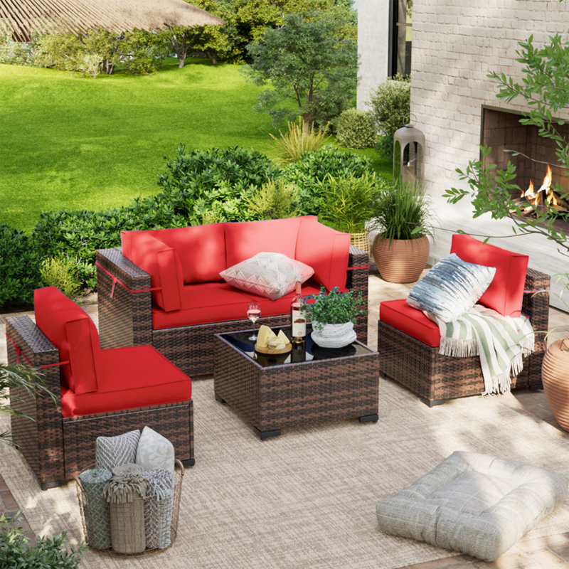 Wicker 4 - Person Modular Patio Conversation Set with Cushions, Bright Red