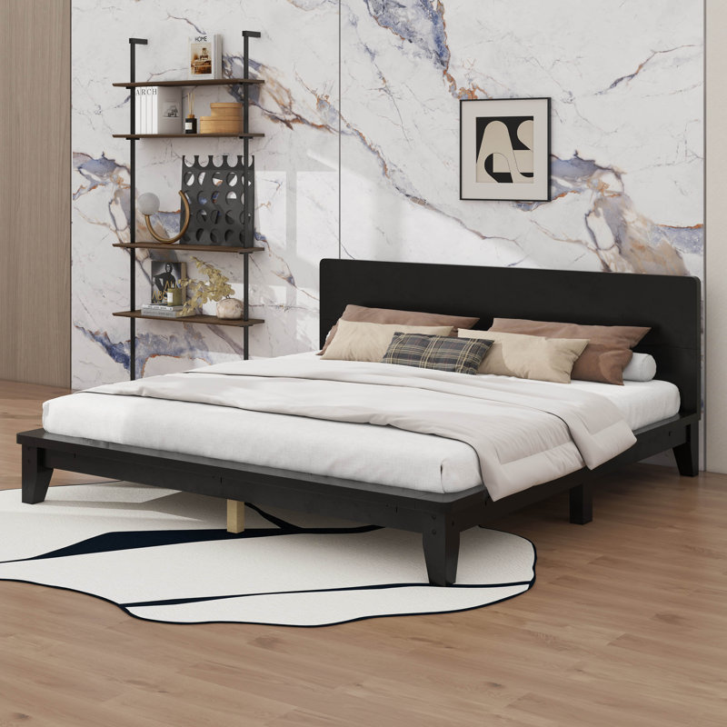 Base de lit plateforme avec tête de lit haute, support à lattes de bois, aucun sommier requis, Grand lit, Noir