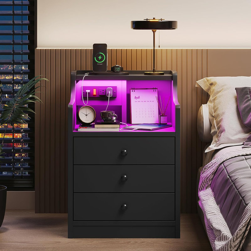 Nightstand Set Of 2 With Charging Station, Led Bedside Table With Drawers, Black