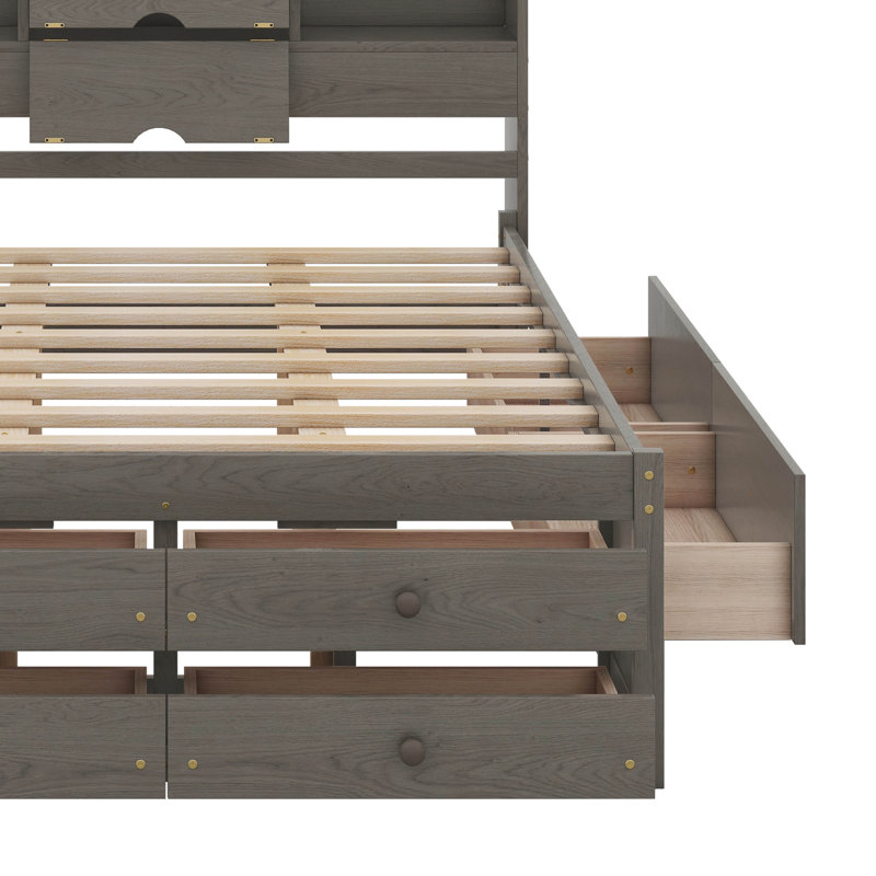 Lit plateforme avec tête de rangement et 8 tiroirs Billington, Grand lit, Gris