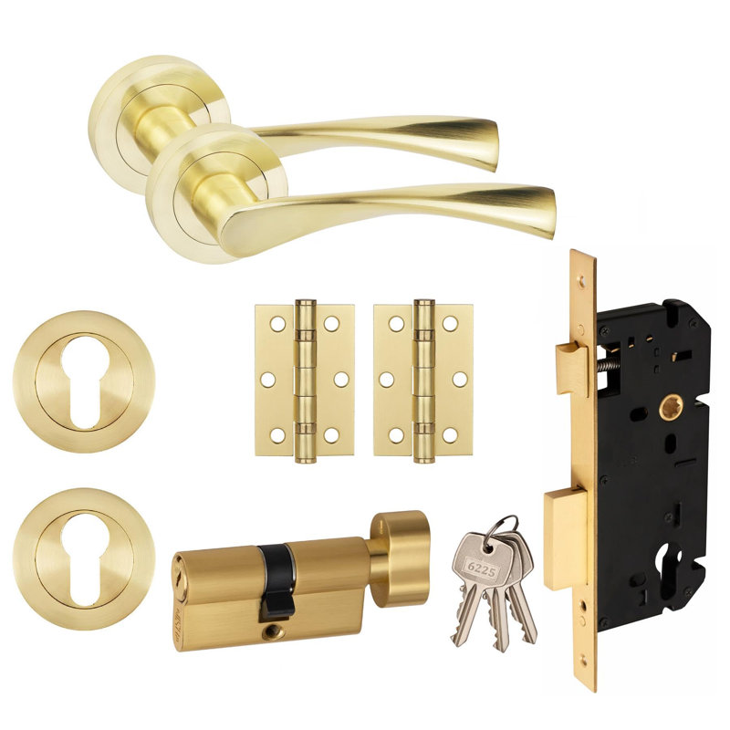  Astrid Design Euro Lock Door Handle in Satin Brass with 70mm Key and Hinges
