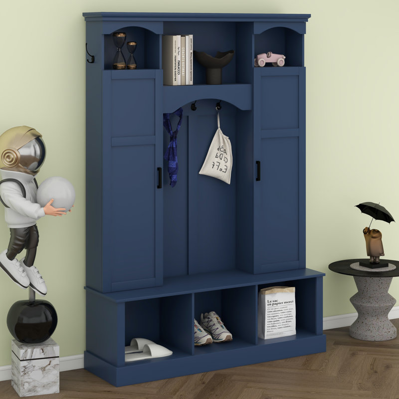 Hall Tree With Adjustable Shelves & 7 Hooks, Entryway Organizer, Shoe Cabinet & Storage Bench, Dual Side Cabinets, Bleu