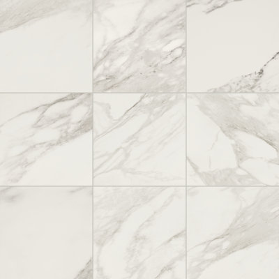 Porcelain floor and wall tile in a white and grey marble-look finish with a polished surface.