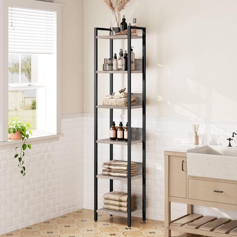 Bibliothèque sur pieds à 6 niveaux, (6 Shelves) 62"H x 13"W x 9.5"D, Greige / noir